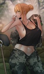 Rule 34 | absurdres, black camisole, blonde hair, breasts, camisole, cigarette, cleavage, collar, collarbone, eyepatch, grand admiral marina, green eyes, guardian tales, highres, holding, holding cigarette, large breasts, looking at viewer, manjin512, military, navel, scar, shovel, solo, tank top