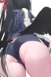 Rule 34 | 1girl, ass, ass focus, black hair, black wings, blue archive, blue shirt, blue shorts, from below, gym shirt, gym shorts, halo, hasumi (blue archive), hasumi (track) (blue archive), long hair, long sleeves, mole, mole on ass, nikuya (nikuniku nikuya), official alternate costume, ponytail, shirt, shorts, simple background, solo, very long hair, white background, wings
