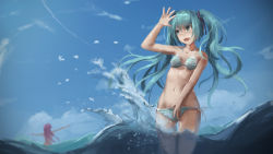 Rule 34 | 2girls, aqua eyes, aqua hair, bikini, breasts, fang, hair ribbon, hatsune miku, highres, long hair, megurine luka, multiple girls, navel, newnand, open mouth, outstretched arms, pink hair, ribbon, side-tie bikini bottom, small breasts, spread arms, striped bikini, striped clothes, swimsuit, twintails, vocaloid, wading, wallpaper, water