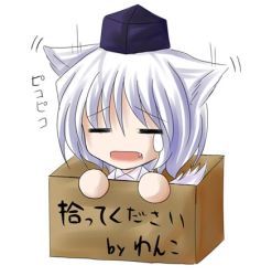Rule 34 | 1girl, animal ears, box, chibi, dog ears, female focus, for adoption, in box, in container, inubashiri momiji, lowres, simple background, solo, tears, touhou, translation request, white background, wolf ears