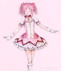 Rule 34 | artist name, breasts, bubble skirt, choker, closed eyes, colored pencil (medium), commentary, dated, english commentary, facing viewer, gloves, hair ribbon, highres, kaname madoka, kneehighs, magical girl, mahou shoujo madoka magica, mahou shoujo madoka magica (anime), marker (medium), outstretched arms, photoshop (medium), pink background, pink hair, pink ribbon, puffy short sleeves, puffy sleeves, red choker, ribbon, short sleeves, simple background, skirt, small breasts, socks, solo, spread arms, standing, svveetberry, traditional media, twintails, white gloves, white socks
