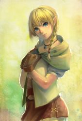 Rule 34 | 1girl, bad id, bad pixiv id, belt, blonde hair, blue eyes, braid, brown gloves, brown skirt, cape, choker, collarbone, cowboy shot, gloves, gradient background, green background, hands on own chest, head tilt, highres, hood, hyrule warriors, jewelry, light smile, linkle, looking at viewer, matcho, necklace, nintendo, pendant, pointy ears, puffy short sleeves, puffy sleeves, short sleeves, simple background, skirt, smile, solo, standing, the legend of zelda, twin braids, upper body
