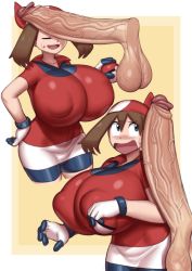 Rule 34 | 1girl, absurdres, blue eyes, blush, breasts, brown hair, covered erect nipples, creatures (company), erection, game freak, gloves, greyimpaction, hairband, hat, highres, huge breasts, huge penis, large breasts, large penis, may (pokemon), nintendo, open mouth, pants, penis, penis awe, penis on face, pokemon, pokemon rse, sagging testicles, shirt, sweat, testicles, tight clothes, tight pants, tight shirt, uncensored, white gloves, yellow background