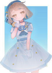 Rule 34 | 1girl, absurdres, blonde hair, blue choker, blue headwear, blue sailor collar, choker, commentary, dress, gloves, hand on own cheek, hand on own face, highres, machita chima, machita chima (4th costume), motimugiohyeah, nijisanji, sailor collar, short hair, solo, symbol-only commentary, thick eyebrows, virtual youtuber, white dress, white gloves, yellow eyes