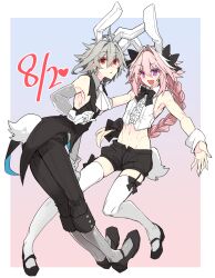 Rule 34 | 2boys, animal ears, antenna hair, ascot, astolfo (fate), black bow, black bowtie, black footwear, black garter straps, black pants, black socks, bow, bow legwear, bowtie, braid, bunny day, crop top, crossdressing, detached sleeves, fake animal ears, fake tail, fang, fate/apocrypha, fate/grand order, fate (series), garter straps, gloves, gradient background, grey hair, grey sleeves, hair between eyes, hair bow, hair intakes, haoro, heart, highres, lapels, long braid, long hair, male focus, mary janes, midriff, multicolored hair, multiple boys, notched lapels, open mouth, pants, parted lips, pink hair, purple eyes, rabbit ears, rabbit tail, red eyes, shirt, shoes, short hair, short shorts, shorts, sieg (fate), single braid, skin fang, sleeveless, sleeveless shirt, smile, socks, streaked hair, tail, thighhighs, trap, two-tone hair, white ascot, white gloves, white hair, white shirt, white tail, white thighhighs, white wrist cuffs, wrist cuffs