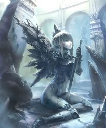 Rule 34 | 10s, 1girl, amputee, angel, angel wings, armor, artist request, broken, cracked skin, cygames, enstatued seraph, holding, holding sword, holding weapon, looking up, official art, petrification, ruins, sad, shadowverse, shingeki no bahamut, short hair, sword, weapon, wings
