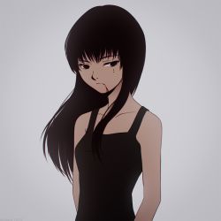 Rule 34 | 1girl, black hair, blood, breasts, closed mouth, colorized, commentary, english commentary, expressionless, hitsuji no uta, long hair, looking at viewer, miura-n315, mole, mole under eye, simple background, solo, takashiro chizuna