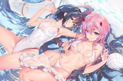 Rule 34 | 10s, 2girls, absurdres, aqua eyes, bad id, bad pixiv id, ball, bikini, black hair, breasts, commentary request, competition swimsuit, cowboy shot, darling in the franxx, derivative work, green eyes, hairband, highres, ichigo (darling in the franxx), innertube, lying, medium breasts, multiple girls, on back, one-piece swimsuit, partially submerged, pink hair, sarong, short hair, straight hair, swim ring, swimsuit, volleyball, volleyball (object), water, white bikini, white hairband, white one-piece swimsuit, yushe quetzalli, zero two (darling in the franxx)