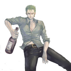 Rule 34 | &gt;;), 1boy, absurdres, arm rest, arm up, belt, belt buckle, bottle, buckle, collarbone, collared shirt, cowboy shot, earrings, green hair, grey eyes, grin, half-closed eye, hand rest, highres, holding, holding bottle, jewelry, leaning back, male focus, midriff peek, one eye closed, one piece, pants, partially unbuttoned, pectorals, roronoa zoro, scar, scar across eye, scar on face, shirt, short hair, simple background, sitting, sleeves rolled up, smile, solo, stomach, v-shaped eyebrows, white background, wing collar, wu ben you ai