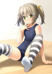 Rule 34 | 1girl, bare arms, bare shoulders, blue one-piece swimsuit, blush, brown hair, closed mouth, commentary request, green eyes, hair between eyes, hair ornament, hair ribbon, hairclip, highres, no shoes, old school swimsuit, one-piece swimsuit, original, ribbon, school swimsuit, shibacha, smile, soles, solo, striped clothes, striped thighhighs, swimsuit, thighhighs, twintails, yellow ribbon