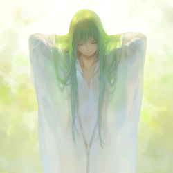 Rule 34 | androgynous, arms behind head, black neckwear, closed eyes, collarbone, enkidu (fate), fate/grand order, fate/strange fake, fate (series), feet out of frame, gender request, green hair, kanmuri (hanyifan30338), long hair, robe, see-through, smile, straight hair, white robe
