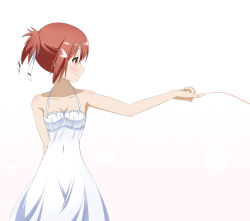 Rule 34 | 10s, 1girl, arm behind back, bad id, bad pixiv id, blush, collarbone, dress, frilled dress, frills, hair ornament, halterneck, highres, looking to the side, ototsu (nitta225), parted lips, pinky out, profile, red eyes, red hair, short hair, short ponytail, sideways mouth, simple background, solo, spaghetti strap, string, string of fate, sundress, white background, white dress, yuuki yuuna, yuuki yuuna wa yuusha de aru, yuusha de aru