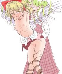 Rule 34 | 2girls, armpits, arms up, blonde hair, blush, bow, breasts, cleft of venus, commentary request, feathered wings, gengetsu (touhou), grey hair, grin, hair bow, hair over eyes, implied fingering, kazami yuuka, long sleeves, multiple girls, nipple stimulation, nipple tweak, nipples, plaid, plaid skirt, plaid vest, plant, pussy, pussy juice, red bow, red skirt, red vest, restrained, ribs, s-a-murai, shirt, short hair, skirt, small breasts, smile, sweat, torn, touhou, touhou (pc-98), vest, vines, white background, white shirt, white wings, wings, yellow eyes, yuri