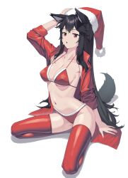 Rule 34 | 1girl, :o, alternate costume, animal ear fluff, animal ear piercing, animal ears, arched back, arknights, arm support, arm up, armpit crease, bikini, black hair, black tail, blue eyes, breasts, breasts apart, christmas, collarbone, collared shirt, come hither, commentary, covered erect nipples, crossed bangs, dress shirt, english commentary, fingernails, from side, full body, fur-trimmed bikini, fur-trimmed headwear, fur trim, groin, hair flowing over, hand on headwear, hat, head back, high collar, highres, invisible floor, long fingernails, long hair, long sleeves, looking at viewer, looking to the side, medium breasts, multicolored eyes, navel, open clothes, open mouth, open shirt, orange eyes, piercing, pom pom (clothes), red bikini, red hat, red shirt, red thighhighs, ribs, santa bikini, santa hat, shadow, shiny clothes, shiny legwear, shiny skin, shirt, sideboob, sidelocks, siguya, simple background, sitting, skindentation, skinny, solo, stomach, straight hair, swept bangs, swimsuit, tail, teeth, texas (arknights), thighhighs, thighs, tongue, two-tone eyes, underboob, upper teeth only, very long hair, wariza, white background, wing collar, wolf ears, wolf girl, wolf tail