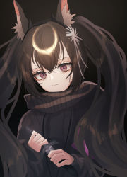 Rule 34 | 1girl, absurdres, animal ear fluff, animal ears, arknights, black background, black hair, black one-piece swimsuit, black scarf, dagger, hair between eyes, hands up, highres, holding, holding dagger, holding knife, holding weapon, knife, long hair, long sleeves, looking at viewer, monch (arknights), one-piece swimsuit, purple eyes, scarf, simotukiniko, simple background, solo, swimsuit, twintails, upper body, weapon
