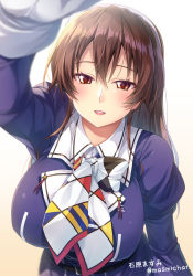 Rule 34 | 1girl, ashigara (kancolle), breasts, brown eyes, brown hair, gloves, hairband, incoming headpat, ishihara masumi, kantai collection, large breasts, long hair, looking at viewer, simple background, solo, twitter username, white gloves
