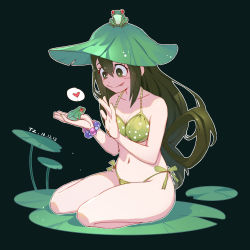 Rule 34 | 1girl, :&gt;, alternate costume, animal, animal on head, artist name, asui tsuyu, bikini, boku no hero academia, bow-shaped hair, closed mouth, dated, female focus, frog, frog girl, full body, green background, green bikini, green eyes, green hair, hair rings, hat, heart, highres, holding, holding animal, kneeling, lily pad, long hair, low-tied long hair, navel, on head, polka dot, polka dot bikini, side-tie bikini bottom, simple background, solo, speech bubble, swimsuit, tongue, tongue out, unapril