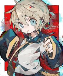 Rule 34 | 1boy, abstract background, bandaged fingers, bandages, bandaid, bandaid on cheek, bandaid on face, black sailor collar, black shorts, black sleeves, blonde hair, blue eyes, border, bright pupils, commentary, cowboy shot, detached sleeves, gauze, glitch, hair between eyes, hands up, headset, highres, kagamine len, looking at viewer, male focus, microphone, mismatched pupils, necktie, open mouth, outside border, red background, sailor collar, shirt, short hair, short sleeves, shorts, smile, solo, soresaki, vocaloid, white border, white pupils, white shirt, wide sleeves, yellow necktie