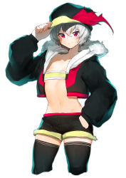 Rule 34 | 1girl, absurdres, bandeau, black hat, black jacket, black shorts, black thighhighs, blush, breasts, closed mouth, cowboy shot, cropped legs, grey hair, hair between eyes, hand in pocket, hat, highres, jacket, long sleeves, looking at viewer, navel, niwamaru (niwarhythm), niwarhythm, open clothes, open jacket, original, red eyes, sanpaku, short hair, short shorts, shorts, simple background, small breasts, smile, solo, strapless, thighhighs, tube top, white background