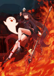 Rule 34 | 1girl, absurdres, black nails, brown hair, coat, fire, flat chest, flower, genshin impact, ghost, gradient hair, hat, highres, holding, holding clothes, holding hat, holding weapon, hu tao (genshin impact), jewelry, legs, multicolored hair, nail polish, red eyes, ring, socks, solo, staff of homa (genshin impact), symbol-shaped pupils, tongue, tongue out, weapon, white socks