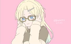 Rule 34 | 1girl, :i, blonde hair, blue eyes, blue hair, brown-framed eyewear, brown jacket, closed mouth, empty eyes, eyebrows hidden by hair, glasses, gradient hair, hair down, hair ornament, hairclip, hands on own cheeks, hands on own face, highres, jacket, kyu-kurarin (cevio), light blue hair, link! like! love live!, long hair, long sleeves, love live!, lyrics, multicolored hair, official alternate costume, official alternate hairstyle, osawa rurino, parted bangs, pink background, simple background, solo, translation request, upper body, virtual youtuber, white 2530