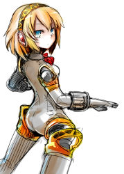 Rule 34 | 1girl, aegis (persona), android, atlus, blonde hair, blue eyes, expressionless, headphones, hitsuji bako, joints, persona, persona 3, ribbon, robot joints, short hair, solo