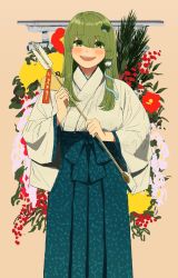 Rule 34 | 1girl, arrow (projectile), blush, flower, frog hair ornament, hair between eyes, hair ornament, highres, holding, holding arrow, kochiya sanae, long sleeves, open mouth, plant, red flower, smile, snake hair ornament, solo, tebukuro withana, touhou, upper body, wide sleeves