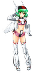 Rule 34 | 1girl, breasts, full body, green hair, headgear, highres, kamiya tomoe, looking at viewer, macross, macross frontier, mecha musume, mechanical arms, mechanical legs, mechanical wings, medium breasts, midriff, navel, open mouth, orange eyes, pink shorts, ranka lee, seikan hikou, shiny skin, short hair, shorts, simple background, smile, solo, standing, thighs, thrusters, white background, wings