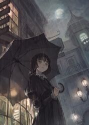 Rule 34 | 1girl, black dress, black hair, black umbrella, bob cut, cityscape, cloud, commentary, dress, european architecture, expressionless, frilled dress, frilled sleeves, frills, from below, highres, holding, holding umbrella, hotatenshi, light, long sleeves, moon, night, original, outdoors, over shoulder, pole, rain, solo, teeth, umbrella, umbrella over shoulder