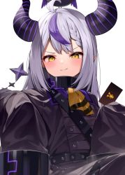 Rule 34 | 1girl, ahoge, black horns, blush, braid, card, commentary request, crow (la+ darknesss), hana mori, highres, hololive, horns, la+ darknesss, long hair, looking at viewer, multicolored hair, purple hair, simple background, sleeves past fingers, sleeves past wrists, smile, solo, streaked hair, striped horns, virtual youtuber, white background, white hair, yellow eyes
