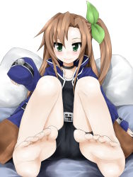 Rule 34 | 10s, 1girl, artist request, barefoot, bike shorts, blush, brown hair, choker, coat, feet, female focus, foot focus, green eyes, hair ornament, highres, if (neptunia), jacket, long hair, long sleeves, neptune (series), open clothes, open jacket, side ponytail, sitting, sleeves past wrists, smile, soles, solo, toes