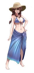 Rule 34 | 1girl, :d, alternate costume, barefoot, bikini, blue bikini, blue sarong, blush, braid, breasts, brown hair, commentary, cowboy shot, front-tie bikini top, front-tie top, full body, green eyes, halterneck, hand on own hip, hat, highres, kantai collection, large breasts, long hair, looking at viewer, navel, noshiro (kancolle), open mouth, r31harutan, sarong, simple background, smile, solo, standing, straw hat, string bikini, sun hat, swimsuit, twin braids, white background