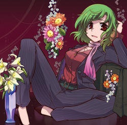 Rule 34 | 1girl, album cover, alternate costume, belt, contemporary, cover, daisy, female focus, flower, formal, green hair, hand in own hair, inuinui, kazami yuuka, lily (flower), pant suit, pants, pinstripe pattern, pinstripe suit, reclining, red eyes, scarf, short hair, smile, solo, striped, suit, touhou, vase