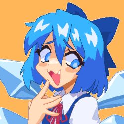 Rule 34 | 1girl, :3, blue eyes, blue hair, blush, bow, cirno, fang, hair bow, hand to own mouth, hcnone, ice, ice wings, neck ribbon, open mouth, orange background, pixel art, red ribbon, ribbon, short hair, simple background, smug, solo, touhou, upper body, wings