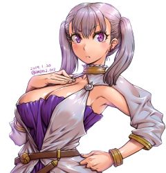 Rule 34 | 1girl, amania orz, armpits, belt, black clover, blush, bracelet, breasts, cleavage, collarbone, commentary request, dated, earrings, eyebrows hidden by hair, frown, hand on own hip, hand on own chest, jewelry, large breasts, noelle silva, purple eyes, short twintails, silver hair, simple background, solo, twintails, twitter username, upper body, white background