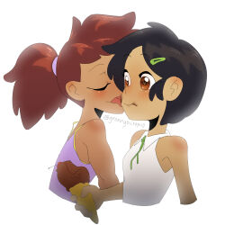 Rule 34 | 2girls, amphibia, anne boonchuy, black hair, blush, brown eyes, brown hair, cherry, chocolate, closed eyes, collared shirt, cropped torso, food, fruit, hair ornament, hairclip, highres, ice cream cone, licking, licking another&#039;s cheek, licking another&#039;s face, marcy wu, medium hair, multiple girls, purple tank top, shirt, short hair, simple background, sleeveless, sleeveless shirt, spicyf4u, tank top, tongue, tongue out, twitter username, white background, white shirt, yuri