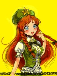 Rule 34 | + +, 1girl, aqua eyes, beret, blue eyes, braid, green hat, hat, hong meiling, long hair, open mouth, red hair, side braid, side braids, simple background, smile, solo, tegaki, touhou, twin braids, yellow background