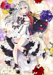 Rule 34 | 1girl, asymmetrical gloves, bare shoulders, black footwear, black gloves, blue eyes, blush, braid, breasts, commentary request, dress, elbow gloves, epaulettes, flower, gloves, grey hair, hair flower, hair ornament, head tilt, heterochromia, highres, holding, holding sword, holding weapon, long hair, mismatched gloves, original, parted lips, purple flower, red eyes, red flower, red rose, rose, saber (weapon), shirako miso, shoes, single braid, small breasts, solo, strapless, strapless dress, sword, thigh strap, very long hair, weapon, white dress, white flower, white gloves, yellow flower