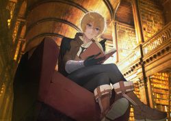 Rule 34 | 1boy, antenna hair, billy the kid (fate), black gloves, black pants, blonde hair, blue eyes, book, boots, brown footwear, brown jacket, chair, closed mouth, commentary request, fate/grand order, fate (series), from below, gloves, highres, holding, holding book, jacket, junktokarev, library, male focus, necktie, open clothes, open jacket, pants, shirt, short hair, solo, white shirt