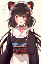Rule 34 | 1girl, absurdres, animal ears, apron, black collar, black hair, black kimono, blush, brown background, brown eyes, collar, commentary request, dog ears, dog hair ornament, fang, flower, flying sweatdrops, hair between eyes, hair flower, hair ornament, hand up, heterochromia, highres, inui toko, japanese clothes, kimono, long hair, long sleeves, looking at viewer, low twintails, maid, maid headdress, nijisanji, obi, parted lips, red eyes, red flower, sash, simple background, sleeves past wrists, solo, tokitoki (commando), twintails, very long hair, virtual youtuber, wa maid, waist apron, white apron, wide sleeves