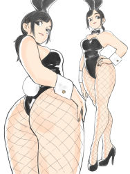 Rule 34 | 1girl, absurdres, animal ears, bad id, bad twitter id, black eyes, black footwear, black hair, black leotard, black neckwear, bow, bowtie, breasts, cuffs, detached collar, fake animal ears, fake tail, fishnet pantyhose, fishnets, hand on own hip, high heels, highleg, highleg leotard, highres, leotard, long hair, looking at viewer, medium breasts, multiple views, pantyhose, playboy bunny, ponytail, rabbit ears, rabbit tail, real life, simple background, strapless, strapless leotard, tail, toshinoshin, white background, wrist cuffs