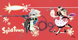 2girls alternate_costume apron arms_up backpack bag black_gloves black_hair boots callie_(splatoon) copyright_name domino_mask dress earrings fangs full_body gloves grey_hair high_heel_boots high_heels highres holding holding_weapon inkling jewelry ke_sarami looking_at_viewer maid maid_apron marie_(splatoon) mask mole mole_under_eye multicolored_hair multiple_girls nintendo one_eye_closed open_mouth pointy_ears polka_dot polka_dot_apron purple_hair red_background smile splatoon_(series) tentacle_hair thigh_boots turtleneck turtleneck_dress two-tone_hair vacuum_cleaner weapon yellow_eyes