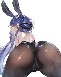 Rule 34 | 1girl, absurdres, animal ears, ass, ass focus, azur lane, bare back, black leotard, brown pantyhose, cameltoe, commentary request, fake animal ears, female focus, fine fabric emphasis, from behind, highres, leotard, long hair, looking at viewer, looking back, new jersey (azur lane), new jersey (exhilarating steps!) (azur lane), official alternate costume, pantyhose, purple eyes, purple hair, rabbit ears, shiny clothes, shiny legwear, simple background, solo, steam, strapless, strapless leotard, suujiniku, very long hair, white background