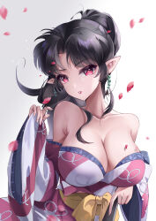 Rule 34 | 1girl, absurdres, bare shoulders, black hair, breasts, cleavage, dangle earrings, earrings, fangwan, folded fan, folding fan, hand fan, head tilt, highres, holding, holding fan, inuyasha, japanese clothes, jewelry, kagura (inuyasha), kimono, large breasts, long hair, long sleeves, looking at viewer, obi, off shoulder, parted lips, petals, pointy ears, ponytail, purple kimono, red eyes, sash, solo, two-tone kimono, upper body, white kimono, wide sleeves, yellow sash
