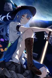 Rule 34 | 1girl, black hat, blue hair, blue skirt, boots, brown footwear, commentary, cross-laced footwear, elbow on knee, foot out of frame, frilled skirt, frills, grin, hat, highres, hinanawi tenshi, holding, holding sword, holding weapon, knee up, long hair, looking at viewer, peach hat ornament, pkokonatu, planet, puffy short sleeves, puffy sleeves, rainbow order, red eyes, rock, shirt, short sleeves, sitting, skirt, smile, solo, sword, sword of hisou, touhou, weapon, white shirt