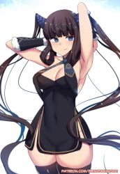 Rule 34 | 1girl, arm behind head, armpits, arms up, bare shoulders, black dress, black hair, blue eyes, blunt bangs, breasts, china dress, chinese clothes, cleavage, detached sleeves, dress, fate/grand order, fate (series), highres, hinghoi, long hair, looking at viewer, medium breasts, patreon username, simple background, smile, solo, thighhighs, thighs, twintails, very long hair, yang guifei (fate)