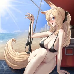 Rule 34 | 1girl, absurdres, alternate costume, animal ear fluff, animal ears, arknights, arm support, beach, beach towel, beach umbrella, bikini, unworn bikini bottom, bikini top only, black bikini, black ribbon, blonde hair, blue eyes, blush, bottomless, breasts, cleavage, commentary, cooler, fang, feet out of frame, hair ribbon, heart, heart-shaped pupils, highres, holding, holding clothes, holding swimsuit, horse ears, horse girl, horse tail, knee up, large breasts, light rays, long hair, looking at viewer, mildt, ocean, open mouth, ponytail, ribbon, sitting, smile, solo, string bikini, sun, sunlight, swimsuit, symbol-shaped pupils, tail, towel, umbrella, whislash (arknights)