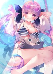 Rule 34 | 1girl, blush, highres, hololive, looking at viewer, minato aqua, minato aqua (hololive summer 2019), moo (umineko), multicolored hair, pink eyes, pink hair, sunglasses, twintails, two-tone hair, virtual youtuber