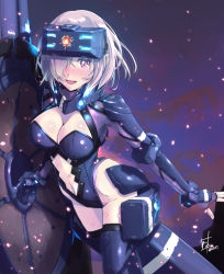 Rule 34 | 1girl, :d, adapted costume, blush, boots, breasts, cleavage, clothing cutout, fate/grand order, fate (series), fingerless gloves, gloves, groin, hair over one eye, holding, holding shield, large breasts, leotard, mash kyrielight, mash kyrielight (ortenaus), midriff, navel, navel cutout, nenchi, open mouth, purple footwear, purple gloves, purple leotard, red eyes, shield, shiny skin, short hair, signature, silver hair, smile, solo, stomach, tears, thigh boots, thighhighs