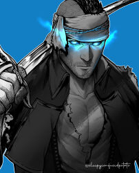 Rule 34 | 1boy, absurdres, artist name, asymmetrical hair, blue background, blue eyes, call of duty, call of duty: modern warfare 2, closed mouth, facial hair, glowing, glowing eyes, halloween costume, headband, highres, holding, holding sword, holding weapon, jacket, large pectorals, male focus, muscular, muscular male, open clothes, open jacket, pectorals, pirate, pirate costume, shirt, short hair, sidecut, simple background, sleepyconfusedpotato, soap (modern warfare 2), solo, sword, torn clothes, torn shirt, undercut, upper body, weapon